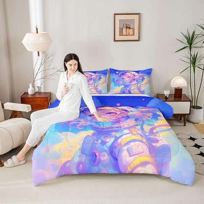 Erosebridal Watercolor Anime Girl Bedding, 3D Anime Comforter Set Cosmo Galaxy Sci-Fi Virtual Reality King Bed Comforter Set for Boys Girls Graffti Stars Print Duvet Insert