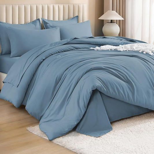 Litanika Comforter Queen Size Set Grayish Blue - 7 Pieces Bed in a Bag Queen Bedding Comforter Sets, Plain Lightweight Bed Set with Comforter, Sheets, Pillowcases & Shams