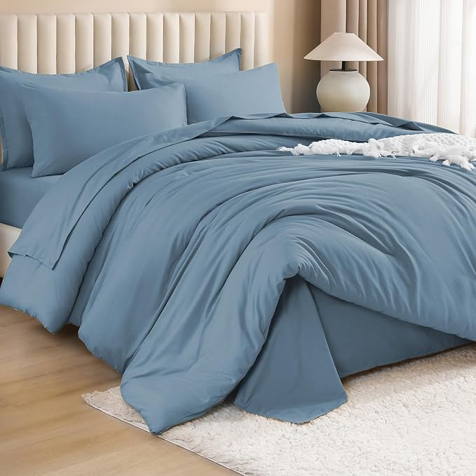 Litanika Oversized King Comforter Sets Grayish Blue - 7 Pieces Bed in a Bag Oversized King Bedding Comforter Sets, Solid Lightweight Bed Set with Comforter, Sheets, Pillowcases & Shams