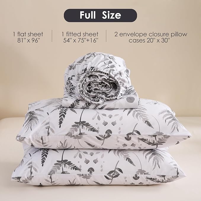 JSD Boho Floral Sheet Set Full Size, 4 Piece Grey Herbs Ferns Printed Microfiber Bed Sheets Deep Pocket