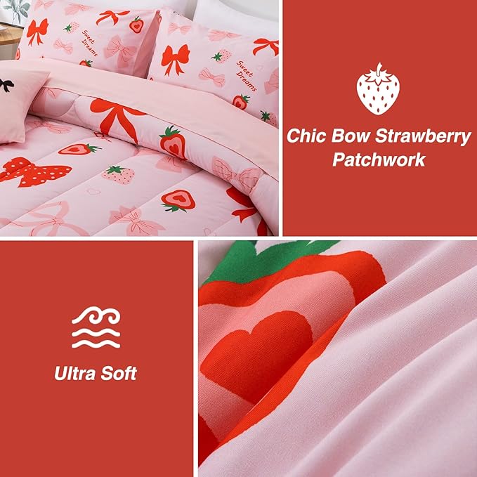 A Nice Night Red Bow Comforter Set,6 Piece Bed in a Bag Matching Sheet Set,Cute Ribbon Bowknot Bedding Sets,Princess Style Strawberry Printed,Light Pink Room Decor for Girls,Queen