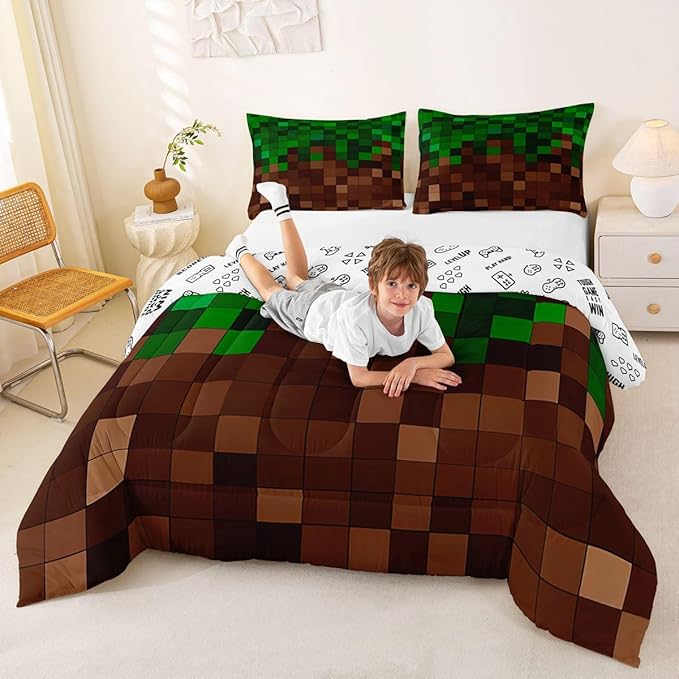 Pixelated Comforter Set Full Size,Patchwork Grid Video Games Kids Bedding Set,Miners Lattice Simple Quilt Comforter,Dark Green Brown Duvet Insert,2 Pillowcases