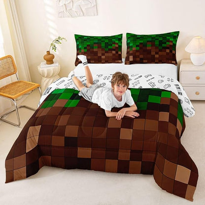 Pixelated Comforter Set Full Size,Patchwork Grid Video Games Kids Bedding Set,Miners Lattice Simple Quilt Comforter,Dark Green Brown Duvet Insert,2 Pillowcases