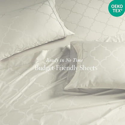 Threadmill Cotton Twin XL Sheet Set | 100% Cotton Sheets for Twin XL Size Bed | Damask Jacquard Sateen Twin XL Bed Sheets Set with 16” Deep Pocket | Soft Breathable 3-Piece Cooling Sheet Set | Ivory