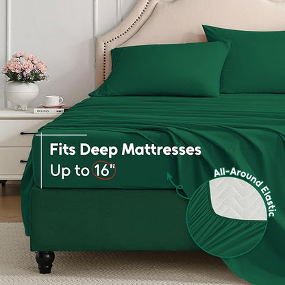 Queen Sheet Set, 4-Piece Hotel Luxury Soft Microfiber Queen Bed Sheets Set, Up to 16" Deep Pockets, Oeko-Tex Sheets with Elastic, Breathable, Wrinkle Free (Forest Green, Queen)