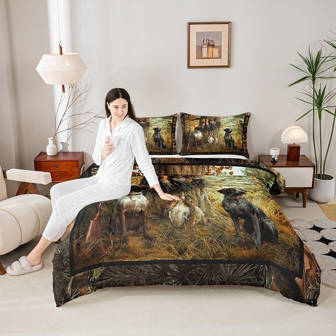 Erosebridal Pheasant Hunting Comforter Set King Size Black Dog Bedding Set Boho Farmhouse Wild Animals Down Comforter Woodland Leaves Hunter Gun Room Decor Quilt Set for Men Boys Adults Kid