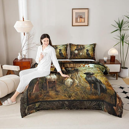 Erosebridal Pheasant Hunting Comforter Set King Size Black Dog Bedding Set Boho Farmhouse Wild Animals Down Comforter Woodland Leaves Hunter Gun Room Decor Quilt Set for Men Boys Adults Kid