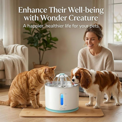 Wonder Creature Cat Water Fountain Stainless Steel Lid with 4 Filters, 81oz | 2.4L Pet Fountain with 4 Filters, 4 Sponges, Quiet Pump, Water Level Window, Stainless Steel Lid for Cats and Dogs