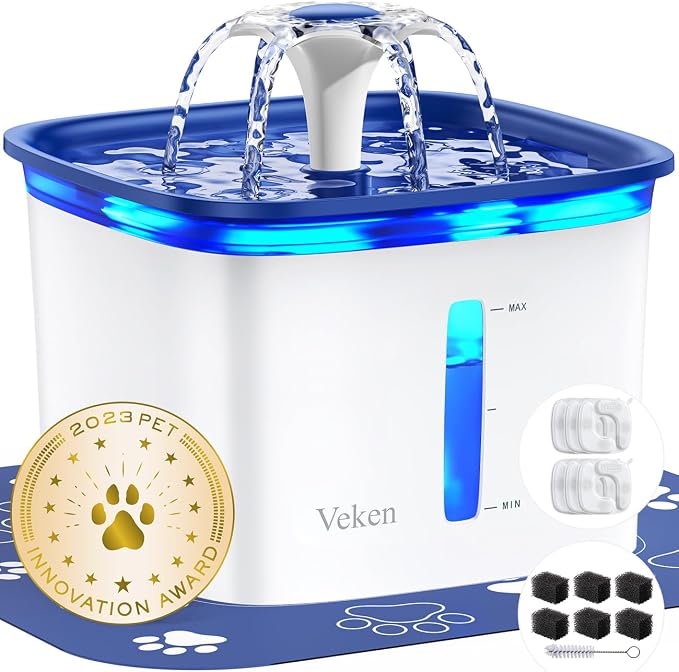 Veken Innovation Award Winner 95oz/2.8L Cat Water Fountain | Automatic Pet Fountain Dog Water Dispenser with 6 Replacement Filters & Silicone Mat for Cats, Dogs, Multiple Pets (Blue)