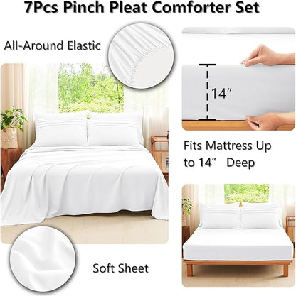 CozyLux Queen Comforter Set White, 7 Pieces Soft Pinch Pleat Bed in a Bag Queen Comforter Set with Sheets, Boho Bed Set with Down Alternative Comforter, Sheets, Pillowcases & Shams