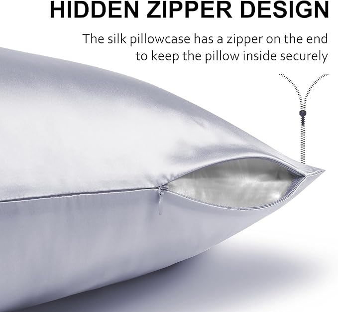 Ravmix Silk Pillow Cases 2 Pack with Zipper, 21momme Mulberry Silk Pillowcase for Hair Skin, Soft Smooth Breathable Cool Pillow Cover for Beauty Sleep with Gift Box(Queen 20"x30", Silver Grey)