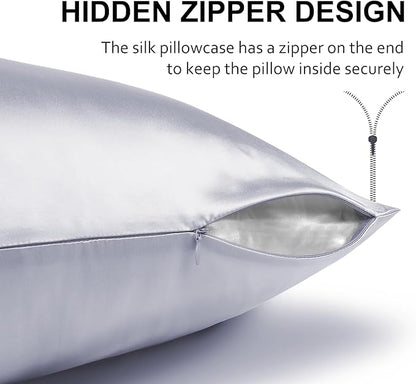 Ravmix Silk Pillow Cases with Zipper, 21momme Mulberry Silk Pillowcase for Hair Skin Health, Soft Smooth Breathable Cool Pillow Cover for Beauty Sleep with Gift Box 1PC(Standard 20"x26", Silver Grey)