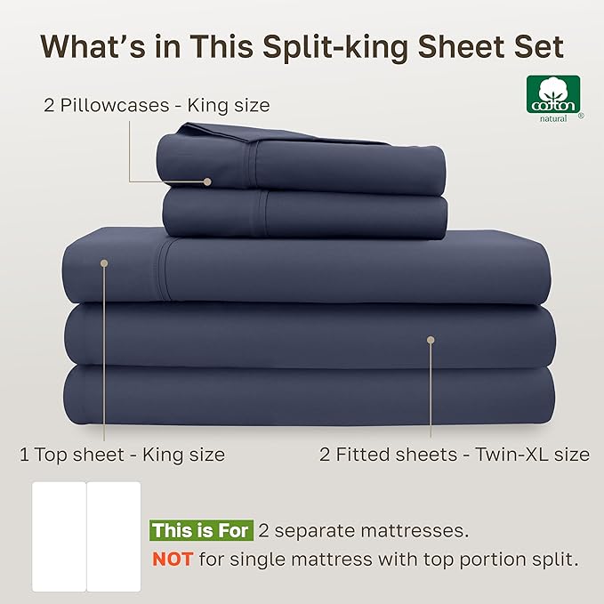 California Design Den Split King Sheets Sets for Adjustable Bed - Soft 400 Thread Count Sateen, Natural 100% Cotton Sheets, Deep Pockets, Breathable, and Durable Bedding - Indigo Dusty Blue