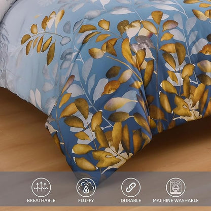 Anibedding 7 Pieces King Size Comforter Set, Blue Gold Botanical Gradient Leaves Ultra Soft Microfiber Down Alternative Bedding Set with Sheets and Pillowcase for All Season