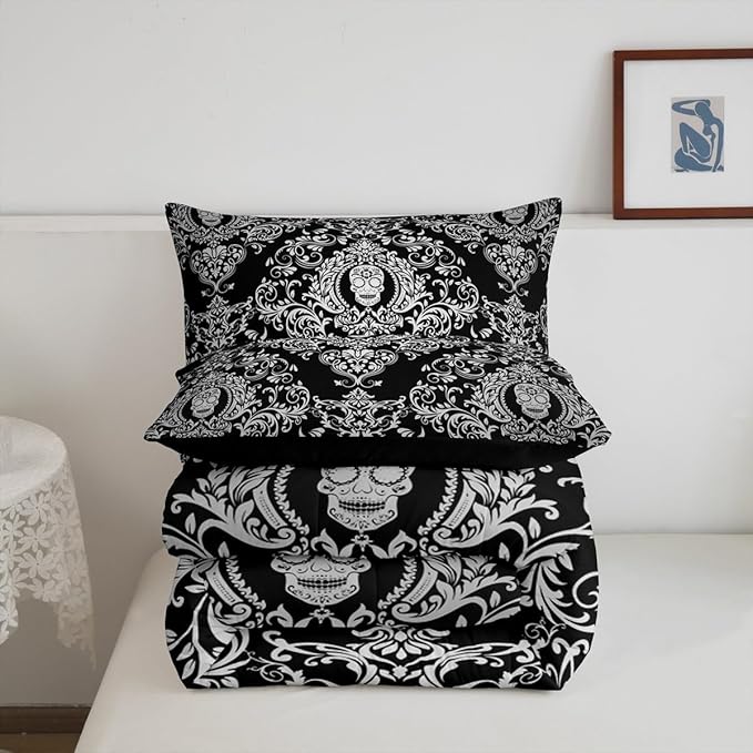 Feelyou Adults White Vintage Damask Floral Comforter Set Oriental Antique Comforter Twin Size Gothic Bohemia Boho Bedding Set Exotic Sugar Skull Duvet Set Quilt Set 2Pcs