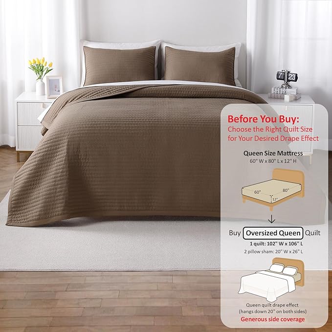 Oversized Queen Quilt Set–102"x106"Soft Washed 3-Layer Lightweight Bedspread with Multi-Lock Quilting,Minimalist Nordic Bedding,All-Season Quilt for Spring, Summer & Fall(1 Quilt + 2 Pillow Shams),Cub