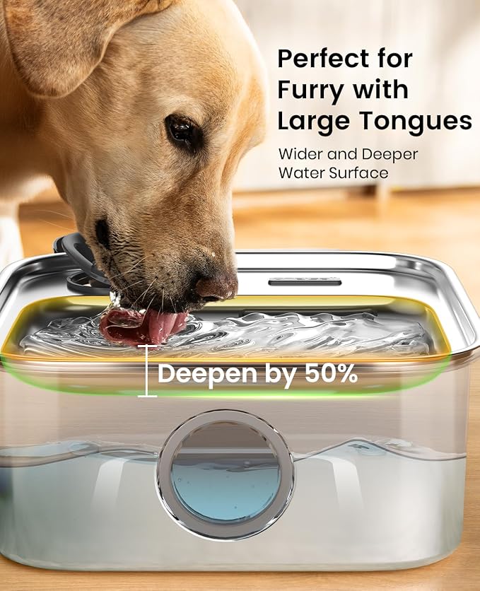 oneisall 10L/2.6Gal Dog Water Fountain for Large Dogs (with 5 Filters) | Deeper & Wider Drinking Area, Visualization Water Window & Triple Filtration,304 Stainless Steel