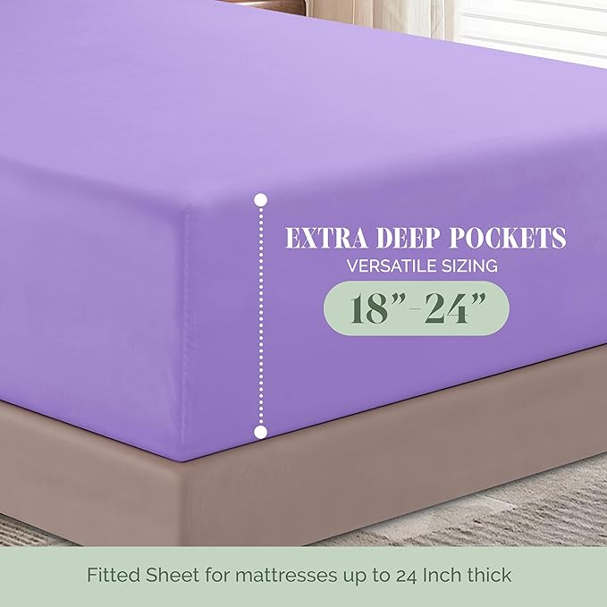Elegant Comfort Luxurious 1500 Premium Hotel Quality Microfiber 4-Piece Sheet Set, 18-24 Inches Deep - Extra Deep Pocket Sheets - Ultra Soft 4PC Deep Pocket Sheets, Queen, Lavender