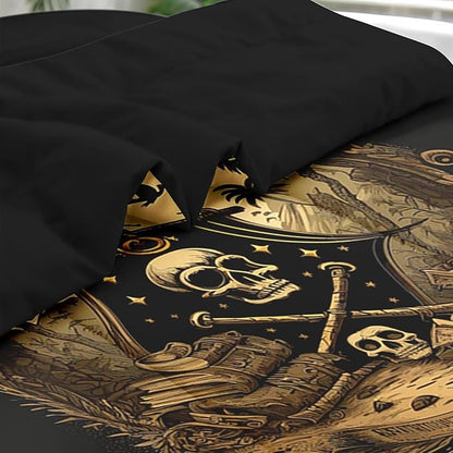 Comforter Set Queen Size, Pirate Skeleton 7 Pcs Bedding for Kids and Adults, Halloween Vintage Gothic Bed Sheet Sets with Fitted Sheet 2 Pillowcase & 2 Sham for Bedroom Bed Decor