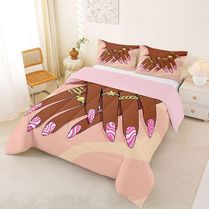 Erosebridal Romantic Makeup Themed Comforter Set Queen Size for Girls Fashion Girlish Quilt Black Girls Bedding Set for Kids Teens Adult Women Bedroom Afro Vogue Princess Magical Down Comforter
