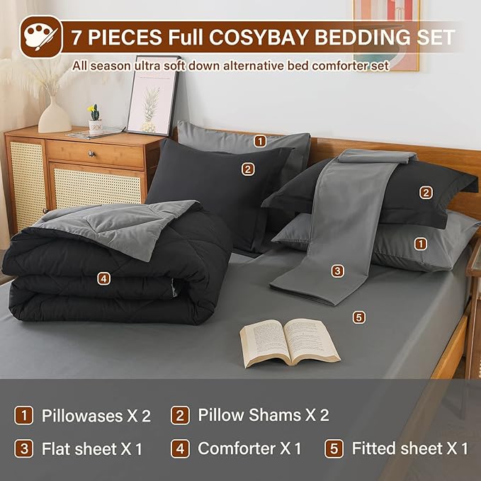 Cosybay Bed in a Bag Full Reversible Comforter Sets 7pcs All Season Down Alternative Bedding Sets Black and Grey with Comforter, Pillow Shams, Flat Sheet, Fitted Sheet and Pillowcase