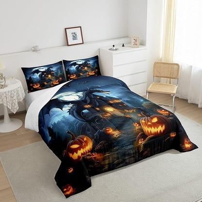 Halloween Dragon Comforter Set Queen Size,Pumpkin Wooden Cabin Bedding Set for Kids Boys Girls Room Decor,Moonlight Bat Wild Animal Duvet Insert 3Pcs,Western Magical Dragon Quilt Set,2 Pillowcases