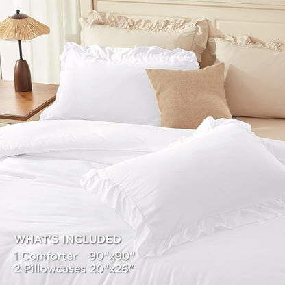 Andency White Comforter Set Queen Size, Lightweight Fluffy Farmhouse White Ruffle Bedding Set, Soft Polyester All Season Shabby Chic Bed Comforter Set 3 Pieces(1 Ruffle Comforter 2 Pillowcases)