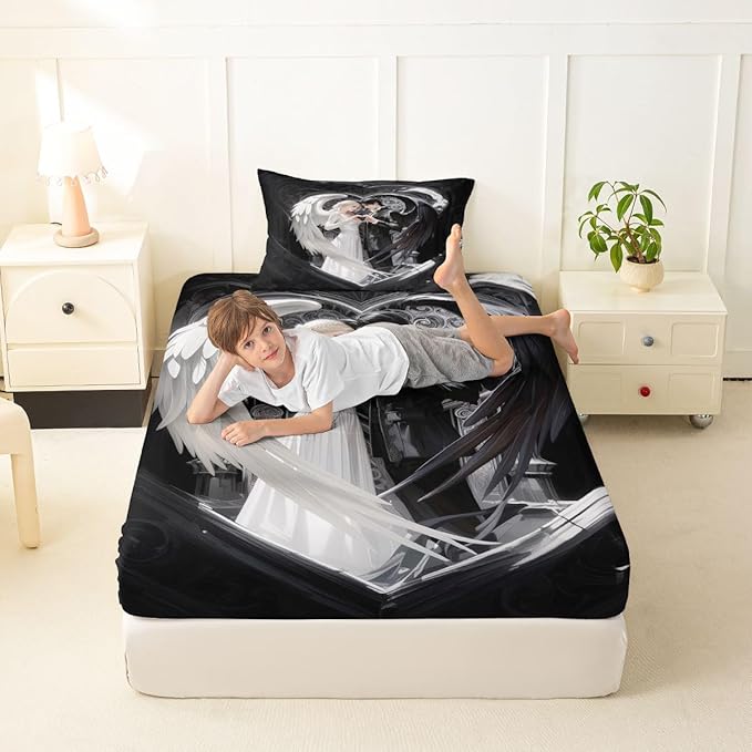 Erosebridal Angel Wings Sheets for Boys Girls Black and White Angel Fitted Sheet,Romance Love Kids Bedding Sets Princess Fairy Style Bed Sets Twin 2 Piece