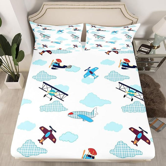 Kids Aircraft Bed Sheets Set Boys Teens Airplanes Fitted Sheet Blue White Clouds Bedding Set for Bedroom Decor Chic Gingham Sheet (Queen Flat Sheet & Fitted Sheet with 2 Pillow Case)