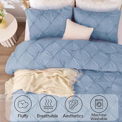 BEDELITE Cornflower Blue Queen Comforter Set - 3 Pieces Boho Pintuck Bedding Comforter Sets, Lightweight Soft & Warm Bed Comforter Queen with 2 Pillowcases for All Season