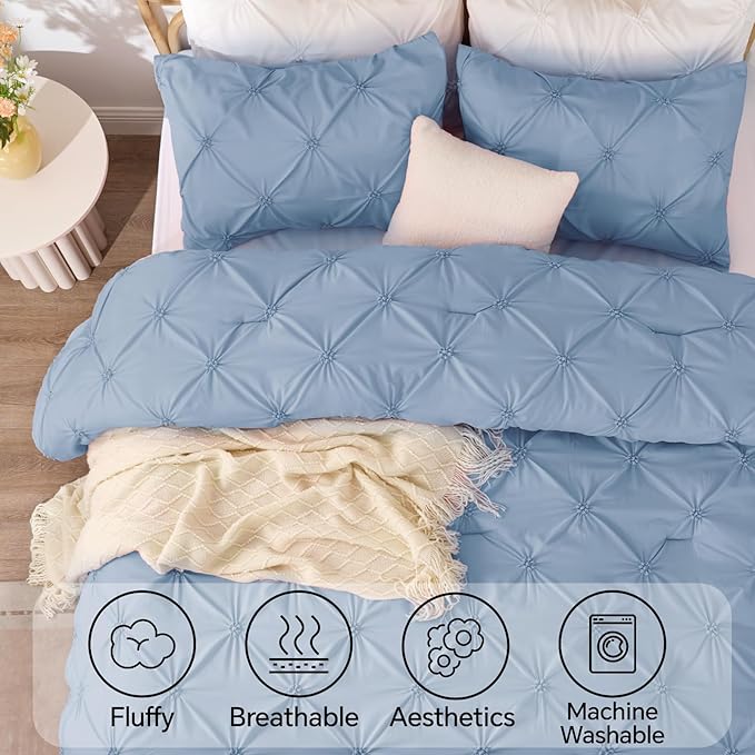 BEDELITE Cornflower Blue King Size Comforter Set - 3 Pieces Boho Pintuck Bedding Comforter Sets, Lightweight Soft & Warm King Bedding Set with 2 Pillowcases for All Season