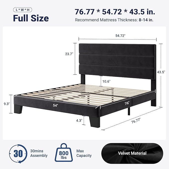 Allewie Full Size Platform Bed Frame with Velvet Upholstered Headboard | Wooden Slats Support, Fully Upholstered Mattress Foundation, No Box Spring Needed, Easy Assembly, Noise-Free, Black