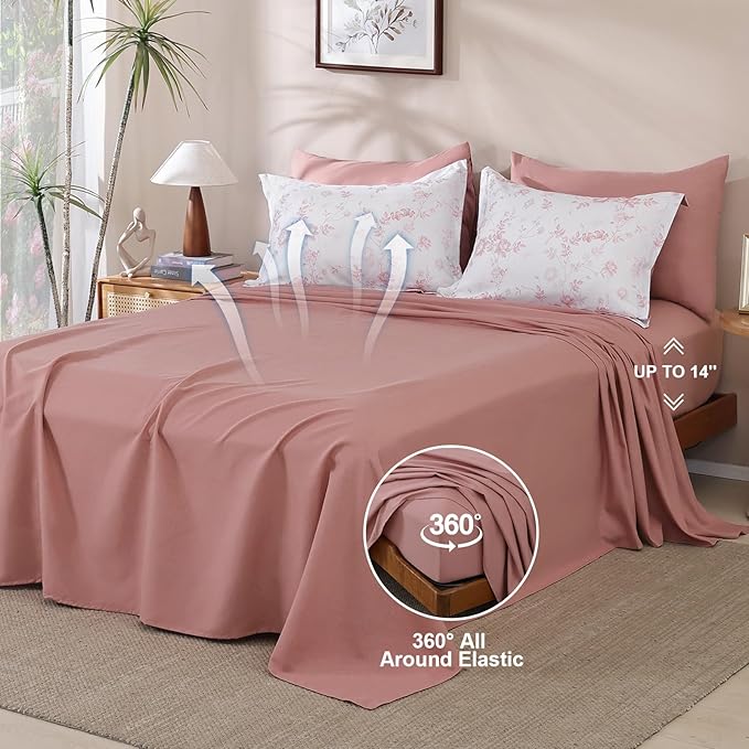 Luxudecor Floral King Comforter Set 7 Pieces Bed in a Bag, Blush Pink Rose Romantic Flower Bed Set, Soft Reversible Comforter with Sheet Set 104"x90"