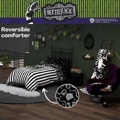 Franco Collectibles Beetlejuice Halloween Striped Bedding 4 Piece Super Soft Comforter and Sheet Set, Twin, (Officially Licensed Product)