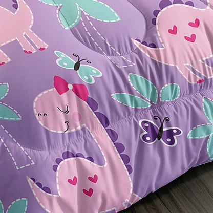 Axolotl Cute Dinosaur Comforter Set Twin Size,Girls Bedding Cartoon Dinosaur Bedding Set for Girls Teens Kids Boys Adults Room Decor,Kids Comforter Set All Season,1 Quilt 2 Pillow Cases,Purple
