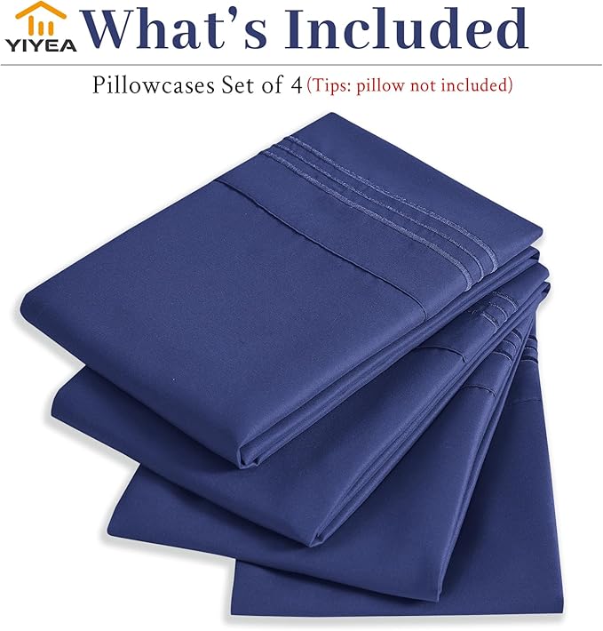 YIYEA Pillow Cases Queen Size Set of 4, Ultra Soft 1800TC Hotel Quality Double Brushed Microfiber Embroidered Pillowcases, Envelope Closure, Fade Resistant (20"x30", Navy)