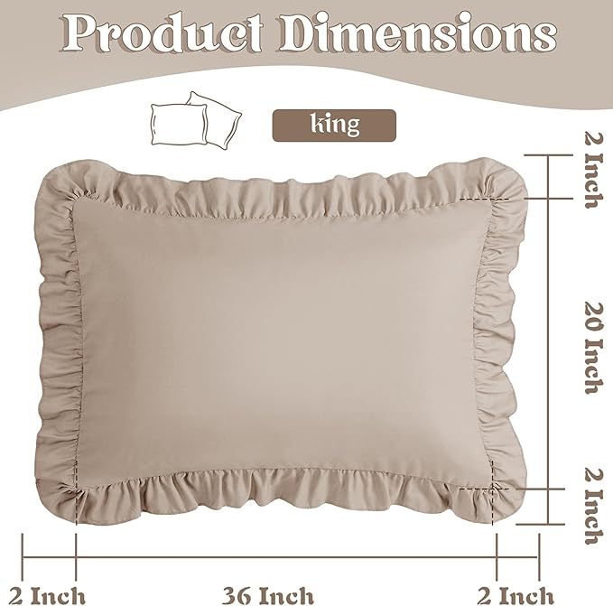 KKJIAF Ruffle Pillow Cases King Size Set of 2, Ruffled Pillow Covers with Envelope Closure, Wrinkle Resistant Pillowcases 20" x 36", Ruffled Pillow Shams, Khaki
