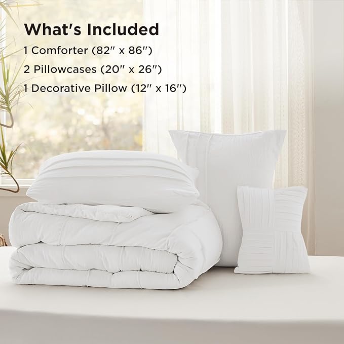 Bedsure Full Comforter Set - 4 Pieces Pinch Pleat Bed Set, White Boho Bedding for All Season, 1 Soft Comforter, 2 Pillowcases, 1 Decorative Pillow