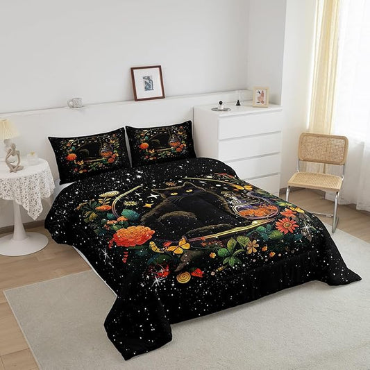 Kids Cartoon Cat Comforter Set Full Size,Colorful Flower Butterfly Leaves Botanical Bedding Set Bright Starry Sky Girls Boys Quilt Set Black Pet Animals Duvet Insert Boho Style,2 Pillowcases