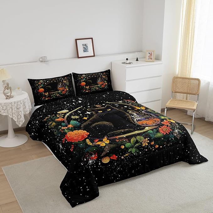 Kids Cartoon Cat Bedding Set Twin Size,Colorful Flower Butterfly Leaves Botanical Comforter Set Bright Starry Sky Girls Boys Quilt Set Black Pet Animals Duvet Insert Boho Style,1 Pillowcase