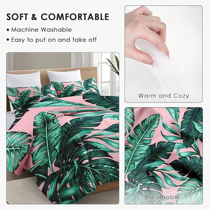 Full Size Comforter Set with 2 Pillowcases, Tropical Green Leaves Pink Leaf Soft 3 Pcs Bedding for Kids and Adults Bedroom Bed Decor