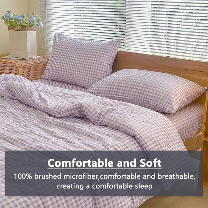 NSNLGSGC Queen Comforter Set, Purple Gingham Bedding Comforter Sets, Purple Grid Bed Comforter 3 Pieces (1 Comforter, 2 Pillowcases)
