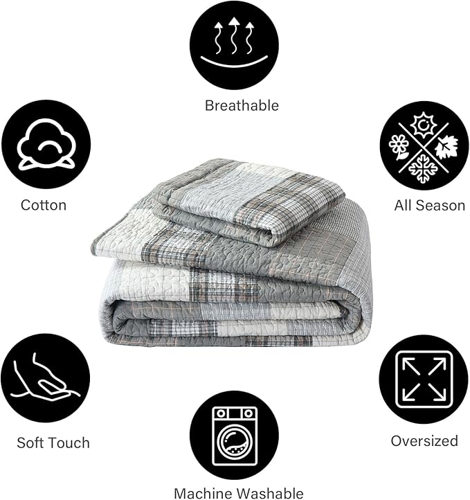 PANGUSHAN Quilts Set Queen Size,100% Cotton Patchwork Plaid Queen Quilt Bedding Set Bedspread for Queen Bed,Grey(Gray)/Cream/Khaki Farmhouse Rustic Reversible Lightweight Comforter Bed Cover,3 Pieces