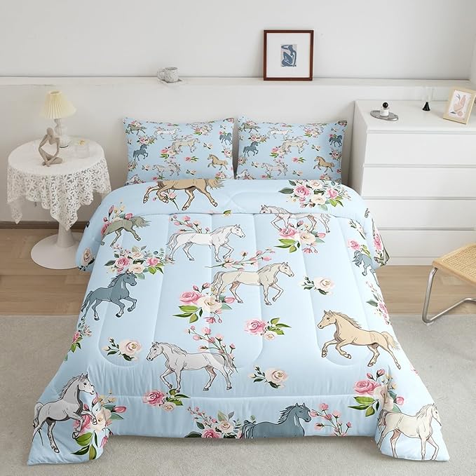 Horse Quilt Queen Size, Farmhouse Western Cowboy Cowgirls Duvet Insert for Kids Boys Girls Teens, Cartoon Kawaii Horse Bedding Set, Rustic Rose Floral Comforter Set + 2 Pillow Cases