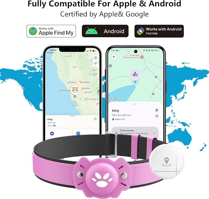 2-in-1 GPS Tracker for Cats: Smart Pet Collar with Real-Time Tracking,No Monthly Fee/Subscription (iOS & Android) Waterproof, Anti-Lost,365-Day Long Battery Life GPS Tracker Cat Collar (Pink)