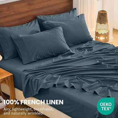 Bedlifes 100% French Linen Sheets King Size 18-24”Extra Deep Pocket 4-Piece Set Breathable & Moisture-Wicking,Soft & Durable Sheets for Thick Mattresses(Cool Gray)