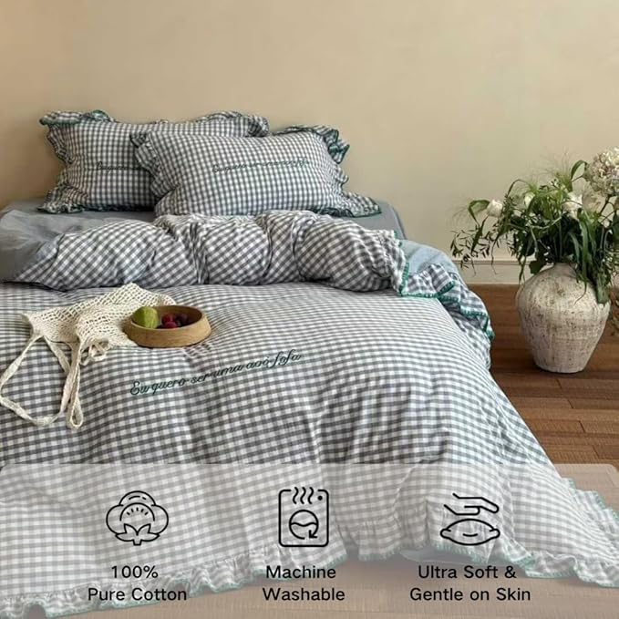 CRUSHIMO Morning Mist Gingham Washed Cotton Duvet Cover Set - Shabby Chic Gingham Plaid Bedding with Ruffle Trim & Triangle Stitching - Ultra Soft Breathable Comforter Cover (Sea Salt Blue, King)