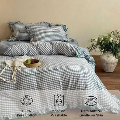 CRUSHIMO Morning Mist Gingham Washed Cotton Duvet Cover Set - Shabby Chic Gingham Plaid Bedding with Ruffle Trim & Triangle Stitching - Ultra Soft Breathable Comforter Cover (Sea Salt Blue, Twin)