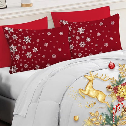 YIYEA Christmas King Size Pillow Cases Set of 4, Ultra Soft Double Brushed Microfiber Red Pillowcases and Christmas Snowflake Pillow Covers, Envelope Closure, Fade Resistant (20"x36")