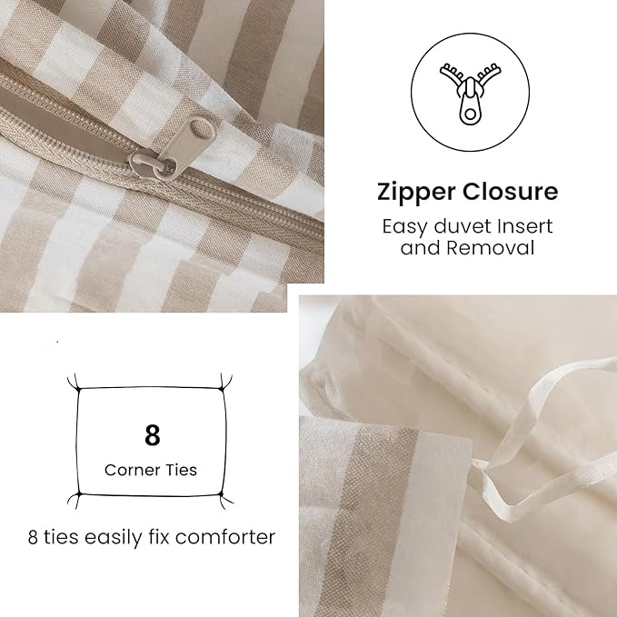 Nayoroom Striped Duvet Cover Queen Size - 100% Washed Cotton White Duvet Cover with Brown Stripes Pattern, 3 Pieces Soft Breathable Girls Dorm Bedding Set for Hot Sleepers, Yarn Dyed Process